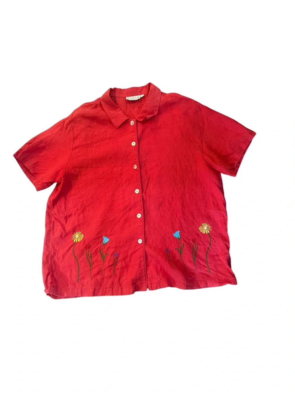 Vintage Match USA Red Linen Embroidered Floral Shirt & Shorts Set XL Cottagecore